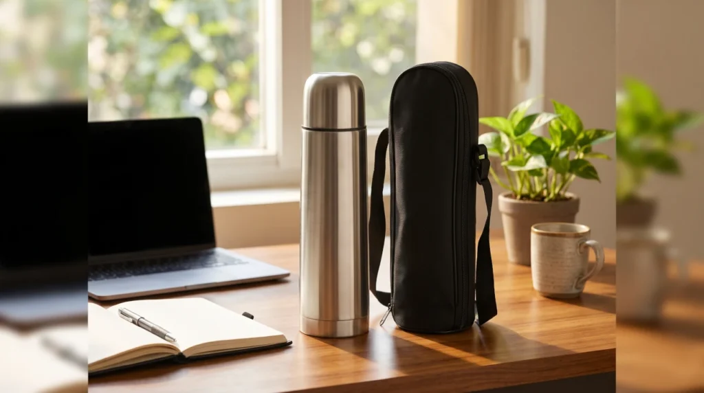 Premium generic silver stainless steel flip lid water bottle on a modern office desk highlighting leak-proof everyday carry for the Milton Thermosteel review.