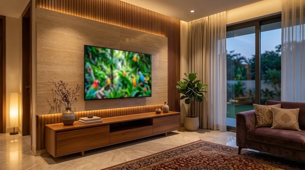 Premium generic bezel-less 43-inch 4K smart TV mounted in a modern living room highlighting crystal clear display for the Samsung Crystal 4K review.